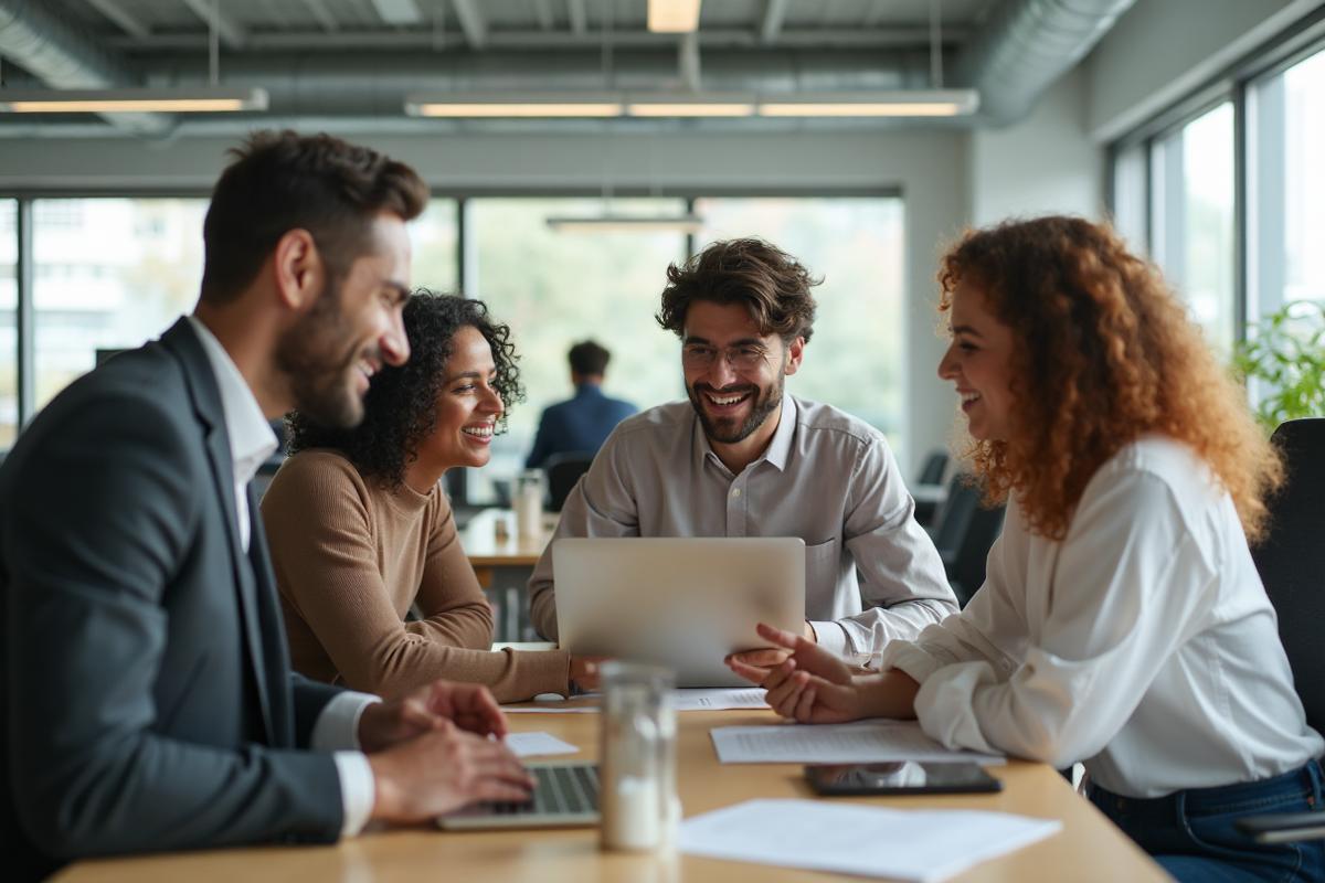 Happy team collaborating in modern office
